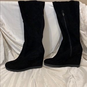 Black Suede knee-high wedge boots